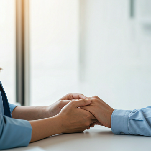 Female doctor consulting with patient holding hands