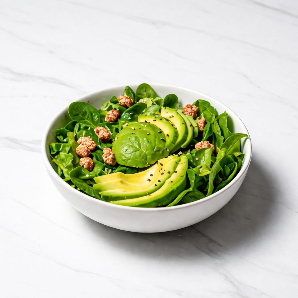 Bol de ensalada con aguacate y frutos secos para mejorar la calidad ovocitaria