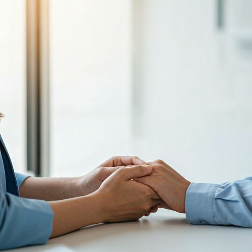 Female doctor consulting with patient holding hands
