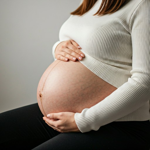 Mother holding pregnant belly lovingly